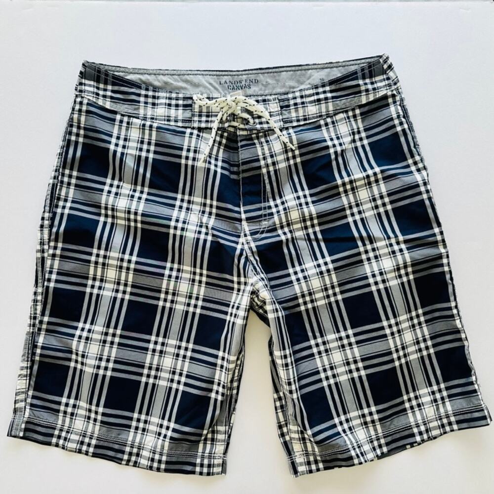 Lands' End Canvas Men's Board Swim Shorts Size 36 Plaid White Blue 10" Long
